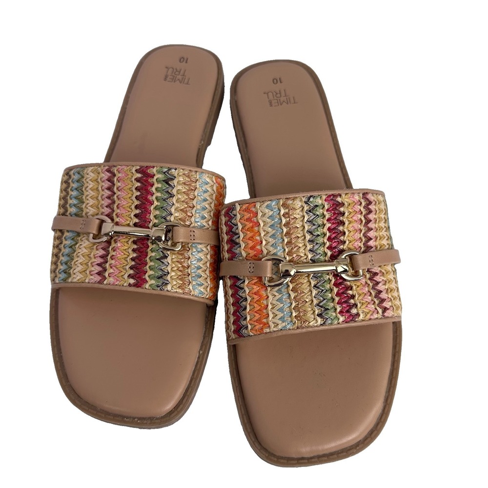 Time and Tru Women's Chevron Slide Sandals Beige/Multicolor Buckle US 10 - Picture 4 of 7